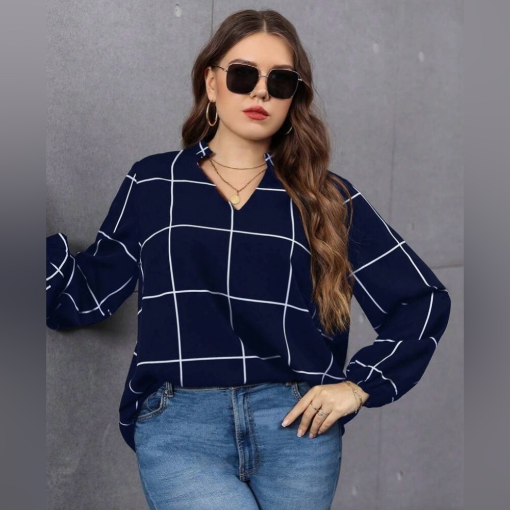Plus Grid Print Lantern Sleeve Blouse